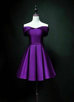 Picture of Purple Sweetheart Satin Off Shoulder Homecoming Dress, Purple Short Prom Dress